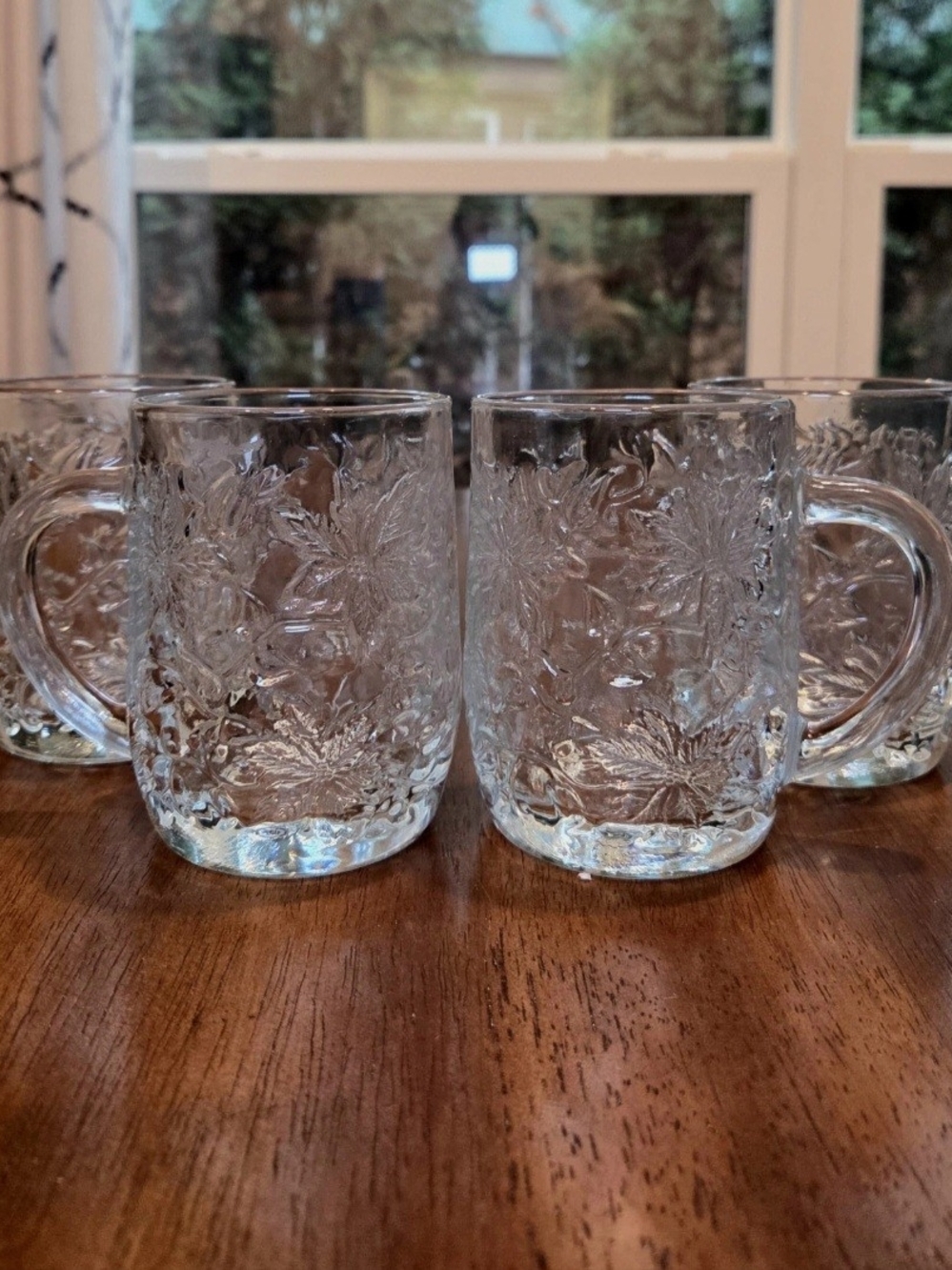 Four Vintage Princess House Fantasia Poinsettia Glass Mugs With Handles ~10 Oz